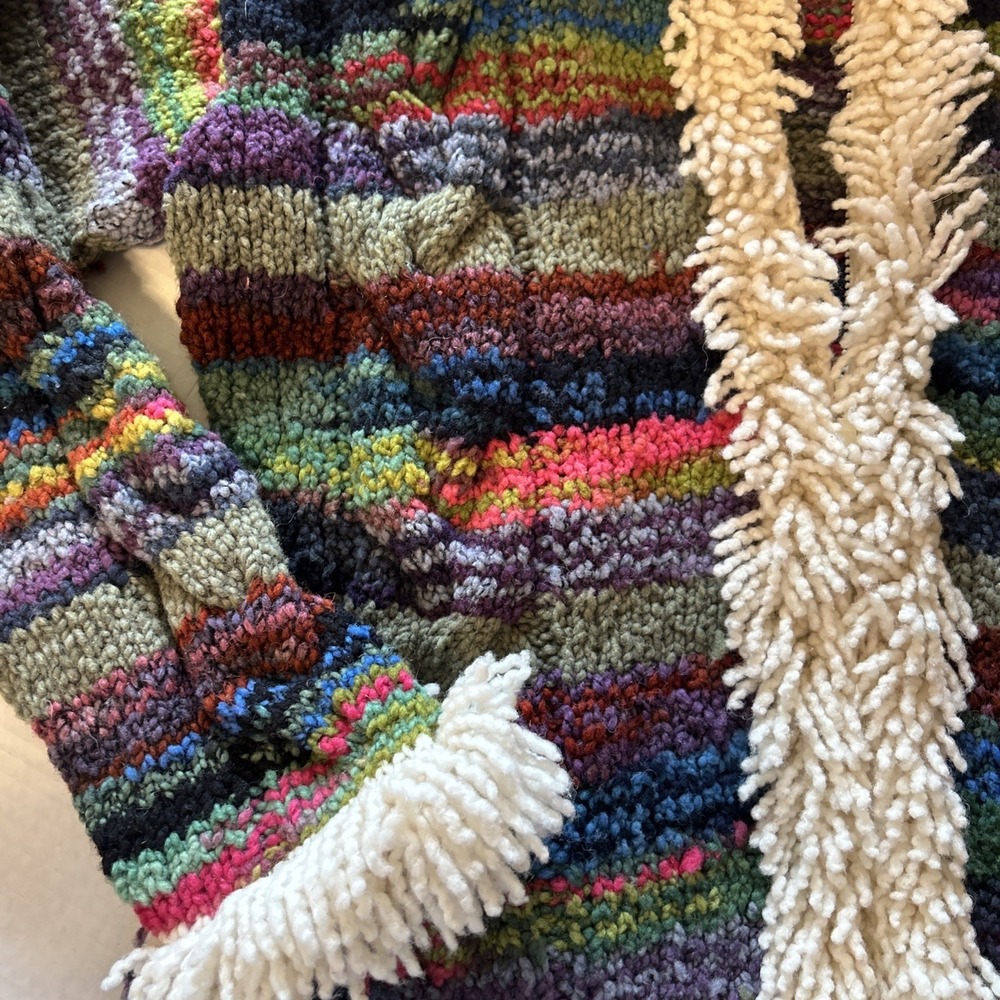Hand Knitted Hooded Sweater Colorful Fringed Pockets Artist Made Heavy Knit - Picture 5 of 8